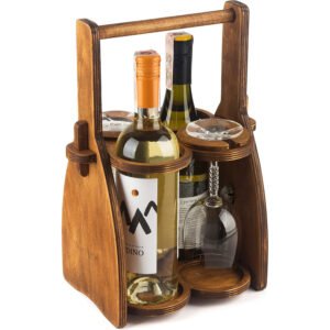 Wood Wine Bottle Glasses Caddy - Beer Carrier - Drinking Desk Accessories - Men's Wine Organizer - Glass Tray Holder - Wine Storage Stand - Drink Holder for Beer, for Wine