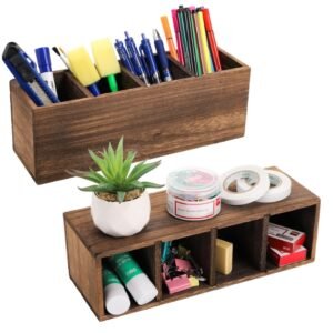 2 Pack Wooden Pencil Holder for Desk Rustic Wood Remote Control Holder Caddys