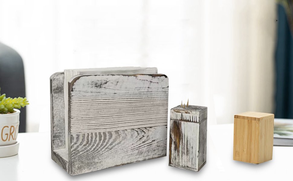 Rustic Vintage Burnt Solid Wood Farmhouse Napkin Holder and Toothpick Storage Jar for Kitchen Table Decor - Pink and Black Kitchen Accessories for Paper Napkins