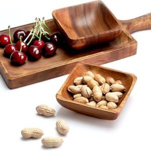 Set of 3 Wooden Serving Tray with Handle and Two Square Bowls - Perfect for Snacks, Coffee, and Kitchen Use - Wooden Serving Bowls for Food