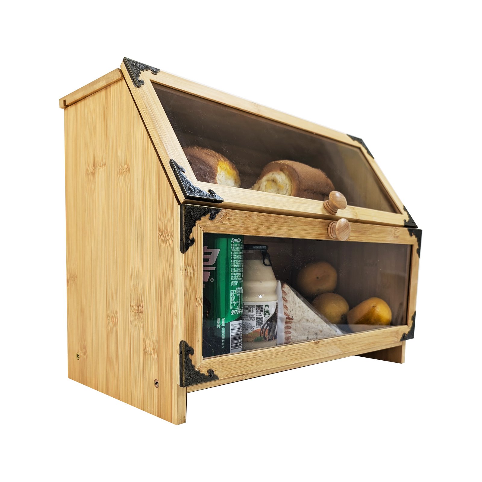 Extra Large Bamboo Corner Bread Box for Kitchen Countertop - Double Layer, Airtight Bread Bin and Holder, Natural Bread Storage Container, Ideal Natural Breadbox Keeper for Homemade Breads