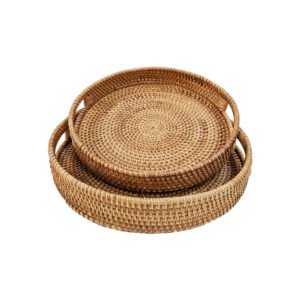 14'' Hand-Woven Round Wicker Basket with Handle Serving Tray Decorative Ottoman Platter for Coffee Table, Breakfast, Drinks, Snack, Bread, Fruit, Vegetables (Natural-Large+Medium)