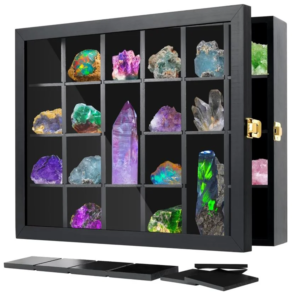 Adjustable Rock Display Case - Wooden Crystal Organizer for Stones Storage - Rock Collection Box with Shelves for Agate Opal Crystal Stone Arrowheads Spear Points Rocks, Large Black