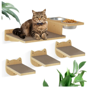 Cat Wall Shelves, Wood Cat Wall Furniture with 3 Cat Wall Steps, Cat Feeding Shelf with 2 Cat Food Bowls, Wooden Cat Bed Furniture Wall Mounted