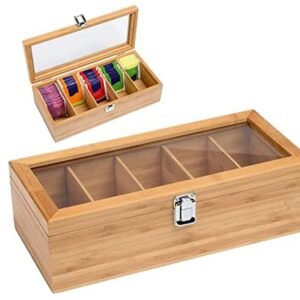 Modern Bamboo Tea Box Organizer, 5 Compartment Tea Chest with Acrylic Glass Lid, Holds Tea Bags, Creamers, Sugar, Coffee Pods, Instant Coffee Packets, 11.8 x 4.7 x 4 Inches