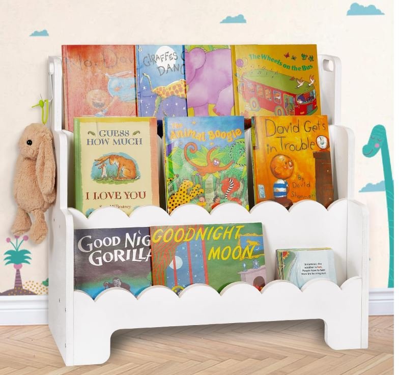 Kids Bookshelf Wooden 3-Tier, Scalloped Book Shelf for Kids Rooms, Front Facing Toddler Montessori Bookshelf, Baby Nursery Book Shelves Kids Classroom Bookshelf Bookcase (White)