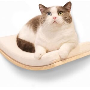 Curved Floating Cat Wall Shelves with Plush Cushioned Perch Bed – Easy-Install Wooden Climbing & Sleeping Furniture, Space-Saving Modern Design for Indoor Cats (16.5”x10.2”)
