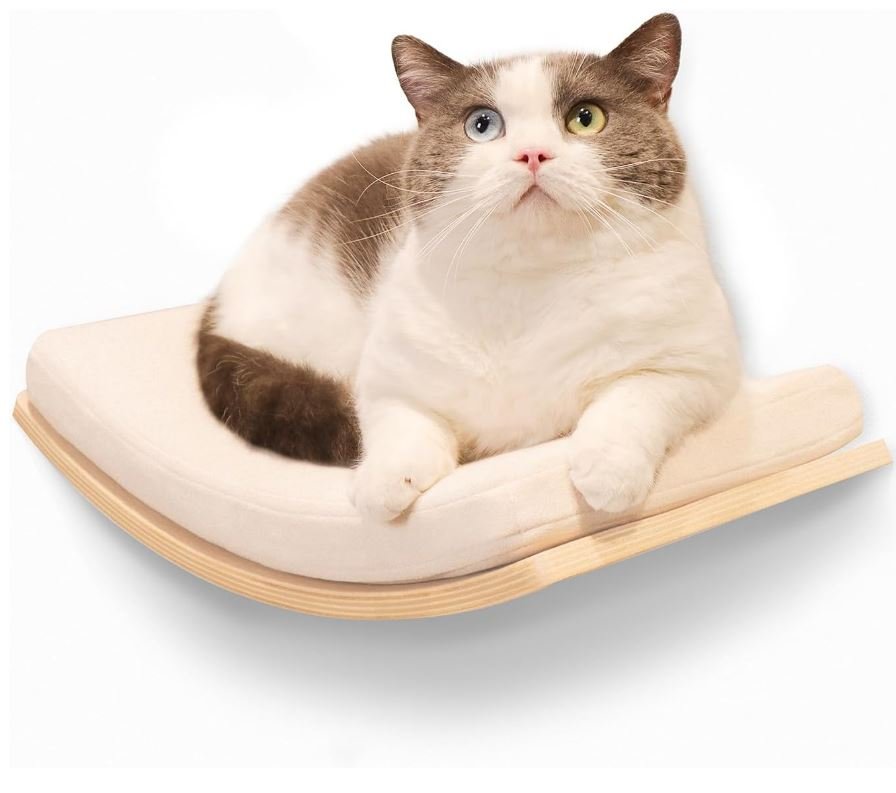 Curved Floating Cat Wall Shelves with Plush Cushioned Perch Bed – Easy-Install Wooden Climbing & Sleeping Furniture, Space-Saving Modern Design for Indoor Cats (16.5”x10.2”)