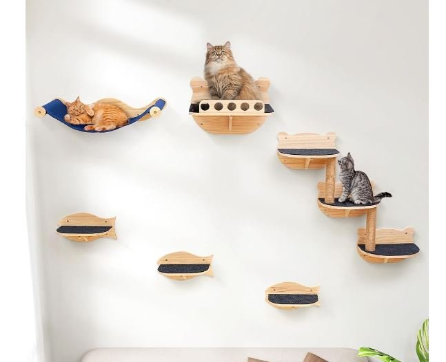 Cat Wall Shelves Furniture Set Cat Shelves for Wall for Large Adult Cats Kittens Cat Wall Steps Shelf Perches Climber with Hammock Perches Sisal Scratching Post