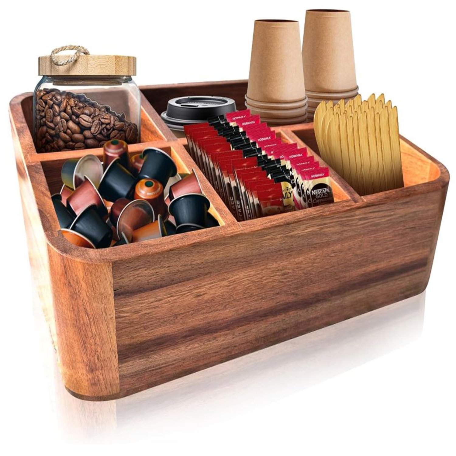 Coffee Station Organizer for Countertop, Coffee and Tea Organizer, Coffee Bar Caddy and Holder, Acacia Wood, for Coffee Accessories, Home and Office Decor