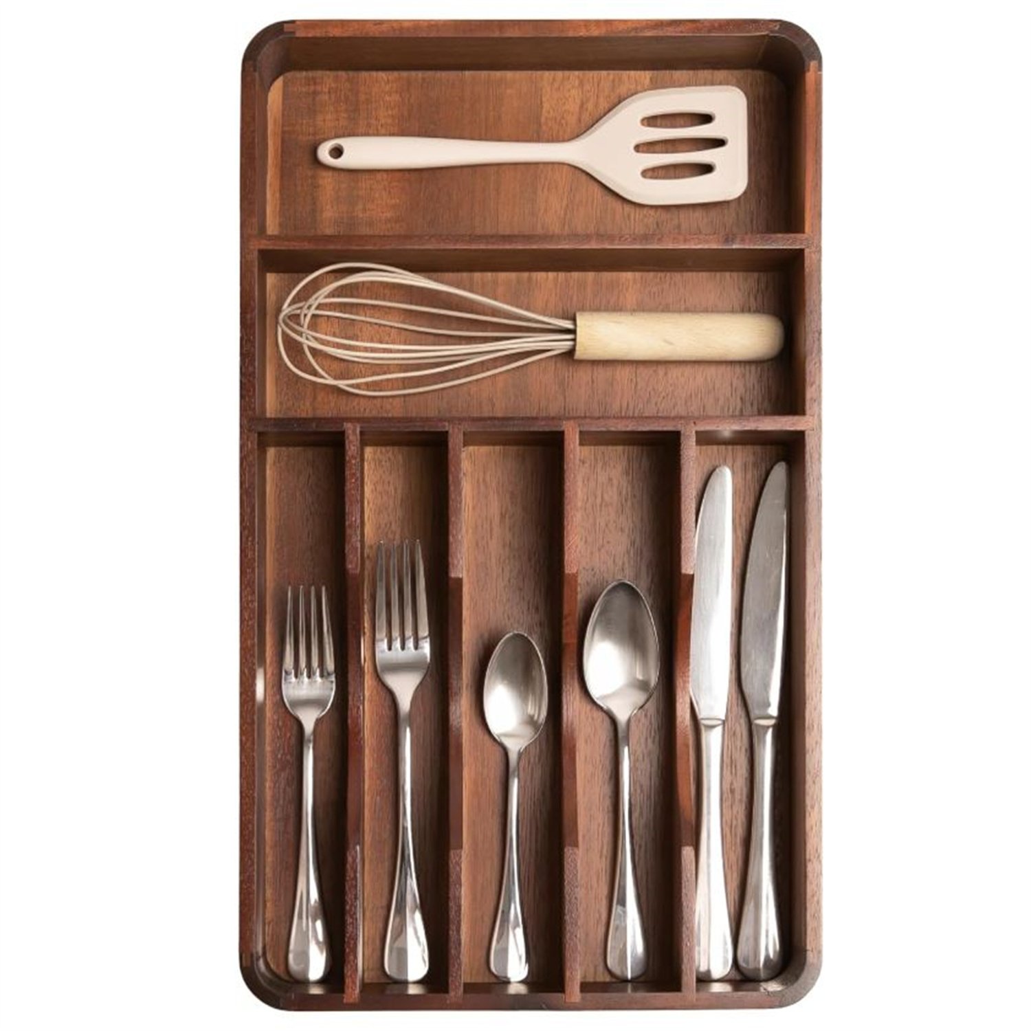 Silverware Organizer - Cutlery, Flatware, and Utensil Holder for Kitchen Drawers, Fixed 10.5” Width, 7 Storage Compartments, Non-Slip Feet, Rounded Corners, Acacia Wood