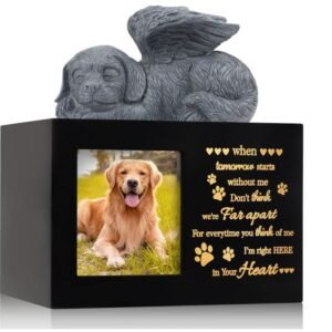 Pet Urns for Ashes, Large Wooden Pet Urns for Dog or Cat Ashes with Dog Angel, Memorial Keepsake Memory Box with Photo Frame, Loss Pet Sympathy Remembrance Gift