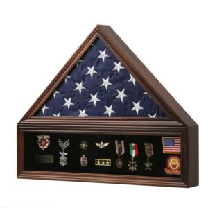 Veteran Burial Flag Display Case American Flag Solid Wood Display Case Fits a 5 X 9.5 Flag Folded Military Shadow Box with Felt Lining Holder for Pins Insignia Medals Challenge Coins, Walnut