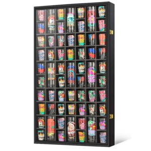 Shot Glass Display Case 61 Slots Large Capacity Holder with HD Acrylic Front 98% UV Protection Solid Wooden Wall Mounted Cabinet for Shot Glass Collection