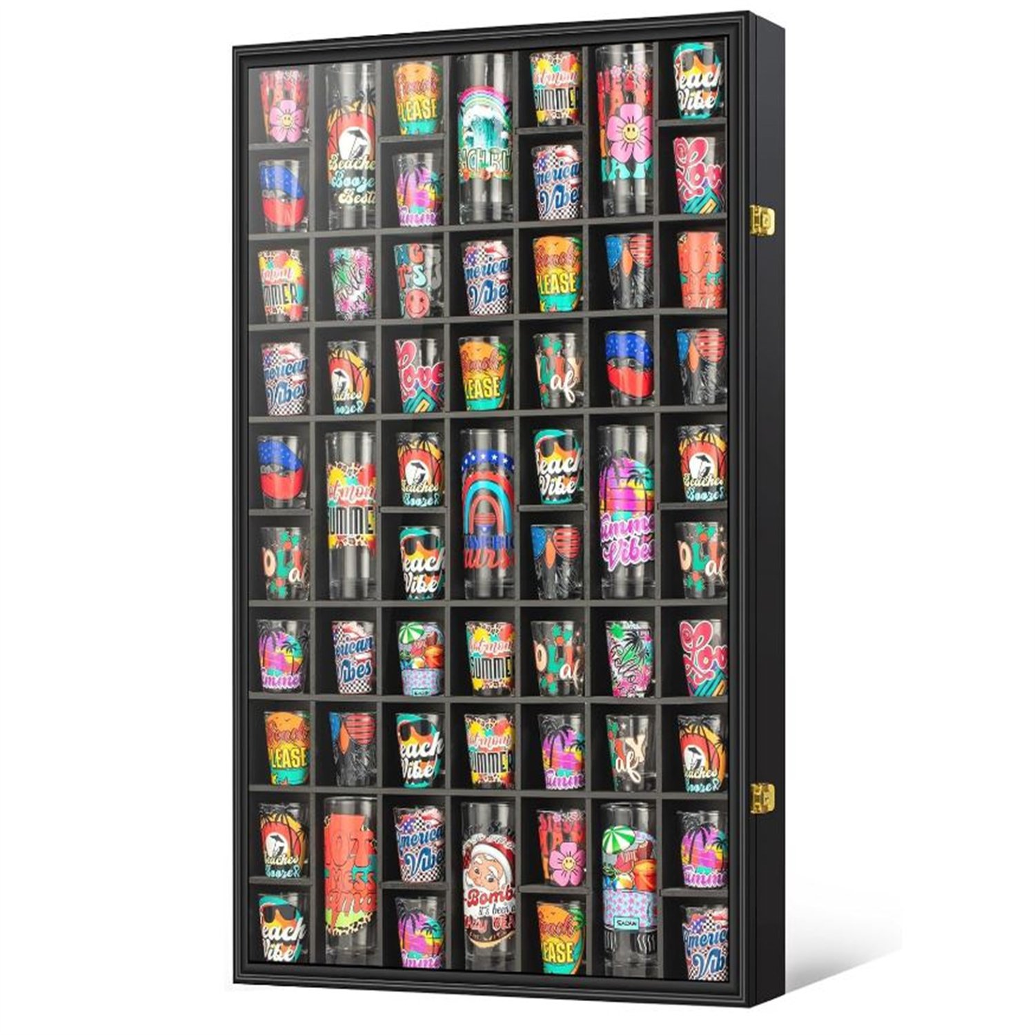 Shot Glass Display Case 61 Slots Large Capacity Holder with HD Acrylic Front 98% UV Protection Solid Wooden Wall Mounted Cabinet for Shot Glass Collection