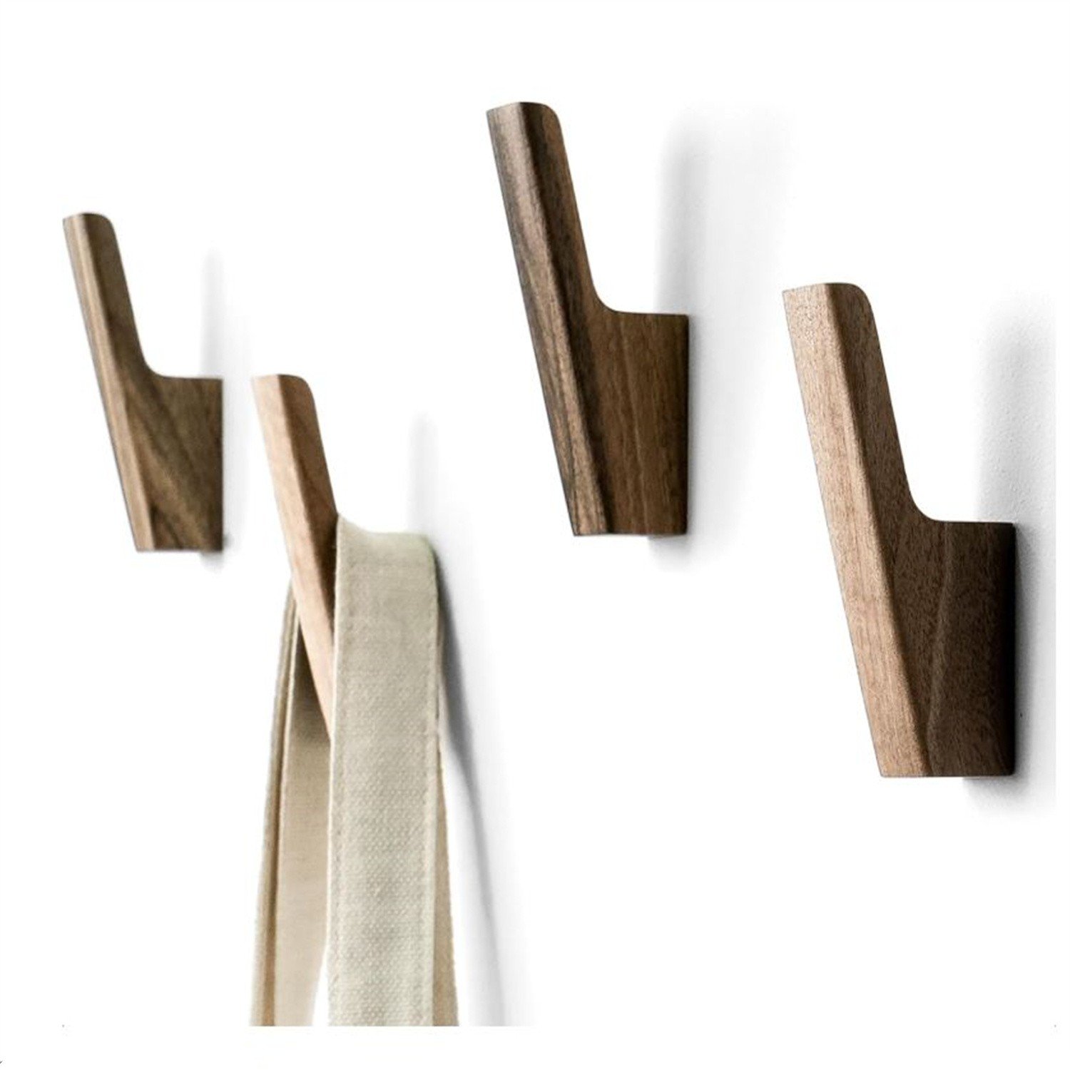 Wood Wall Hooks - Set of 4 - Dark Walnut Wood Coat Hooks for Hanging Hat, Purse, Backpack, Bag, Jacket - Modern Farmhouse Decor for Wall and Practical Entryway Wall Hooks (Walnut)