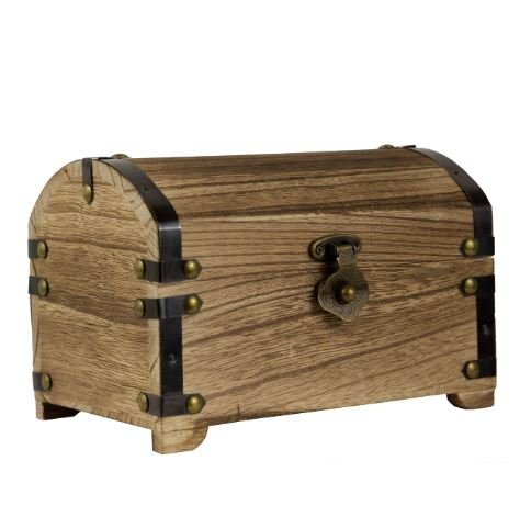 Decorative Vintage Wood Treasure Chest, 8.3x5.5x5.5 inches with 90 Degree hinged lid, Old-Fashioned Design, Metal Outline and Buckle [Keepsake Box/Jewelry Box/Toy Treasure Chest]