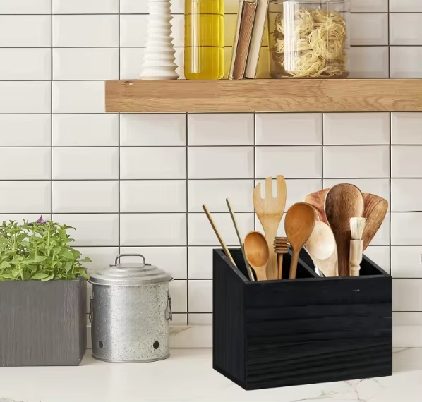 Manufacture Utensil Holder for Kitchen Counter Wood Utensil Organizer with 2 Compartments Utensil Caddy  Silverware Organizer