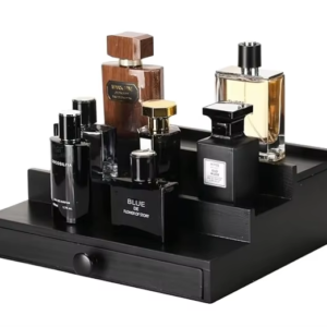 Handcrafted Black Wooden Cologne Organizer for Men – 3-Tier Luxury Perfume Display Stand with Hidden Storage Drawer, Space-Saving Modern Design for Dresser, Vanity, or Bathroom Organization
