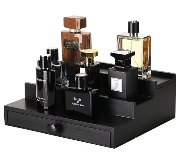 Handcrafted Black Wooden Cologne Organizer for Men – 3-Tier Luxury Perfume Display Stand with Hidden Storage Drawer, Space-Saving Modern Design for Dresser, Vanity, or Bathroom Organization