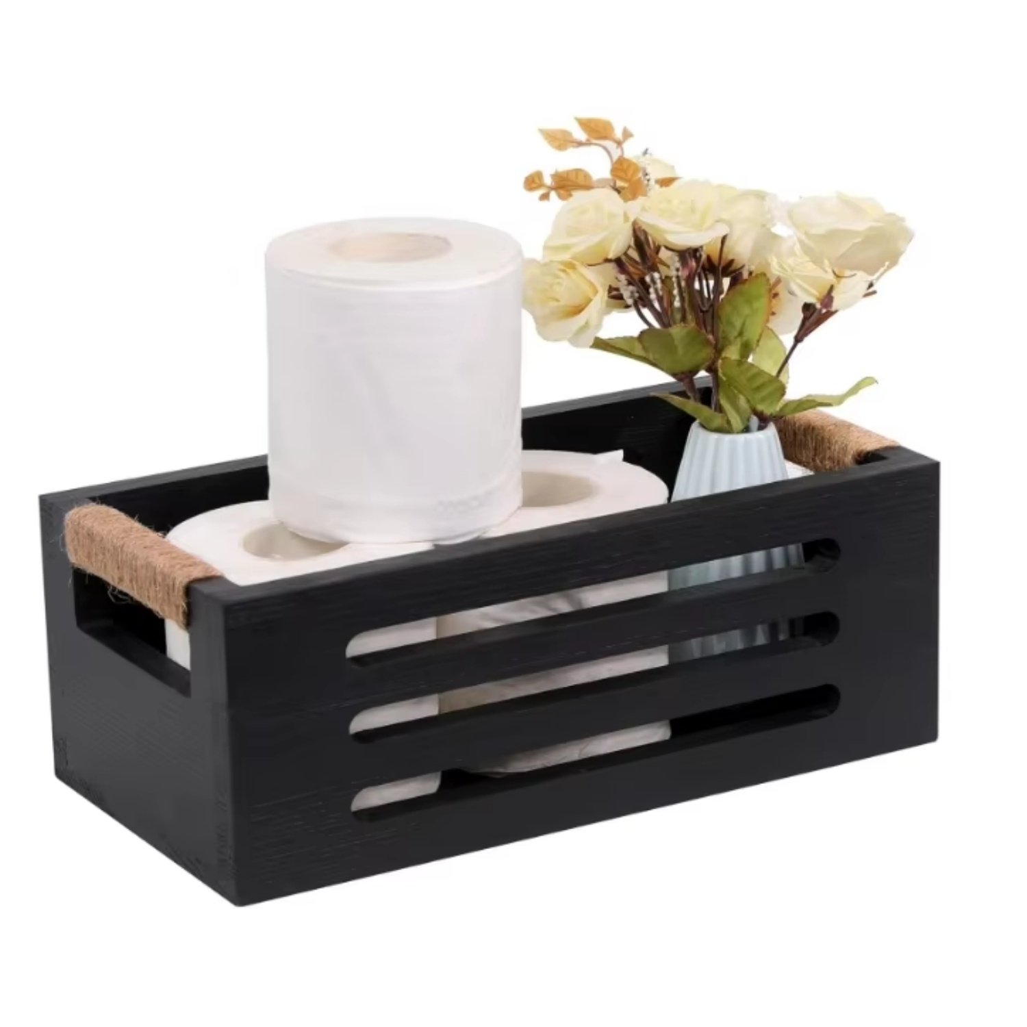 High quality Bathroom Decor Box Toilet Tank Basket Toilet Paper Holder Wood Bathroom with Handles Farmhouse Wood Storage