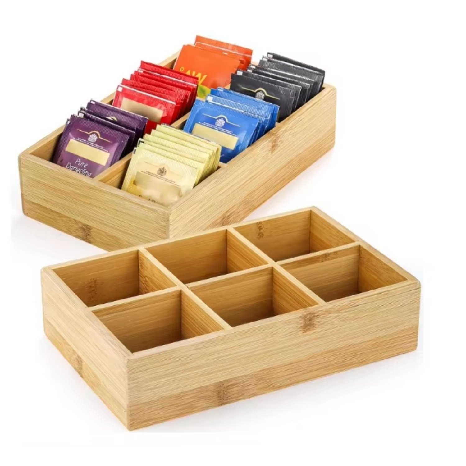 Christmas Decor 2 Pack Bamboo Tea Bag Organizer Wood Hot Tea Bag Drawer Storage Organizer Holder with 6 Compartments