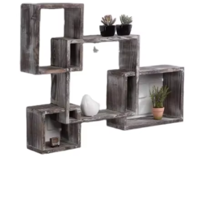 Rustic Wood Shelves Floating Intersecting Wall Shelves with 4 Cubes Wall Mounted Square Antique Style Shadowbox