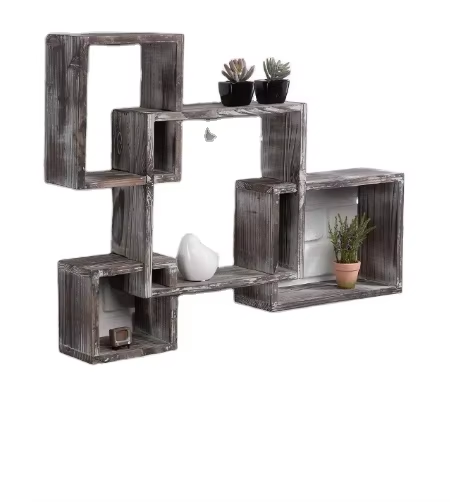 Rustic Wood Shelves Floating Intersecting Wall Shelves with 4 Cubes Wall Mounted Square Antique Style Shadowbox