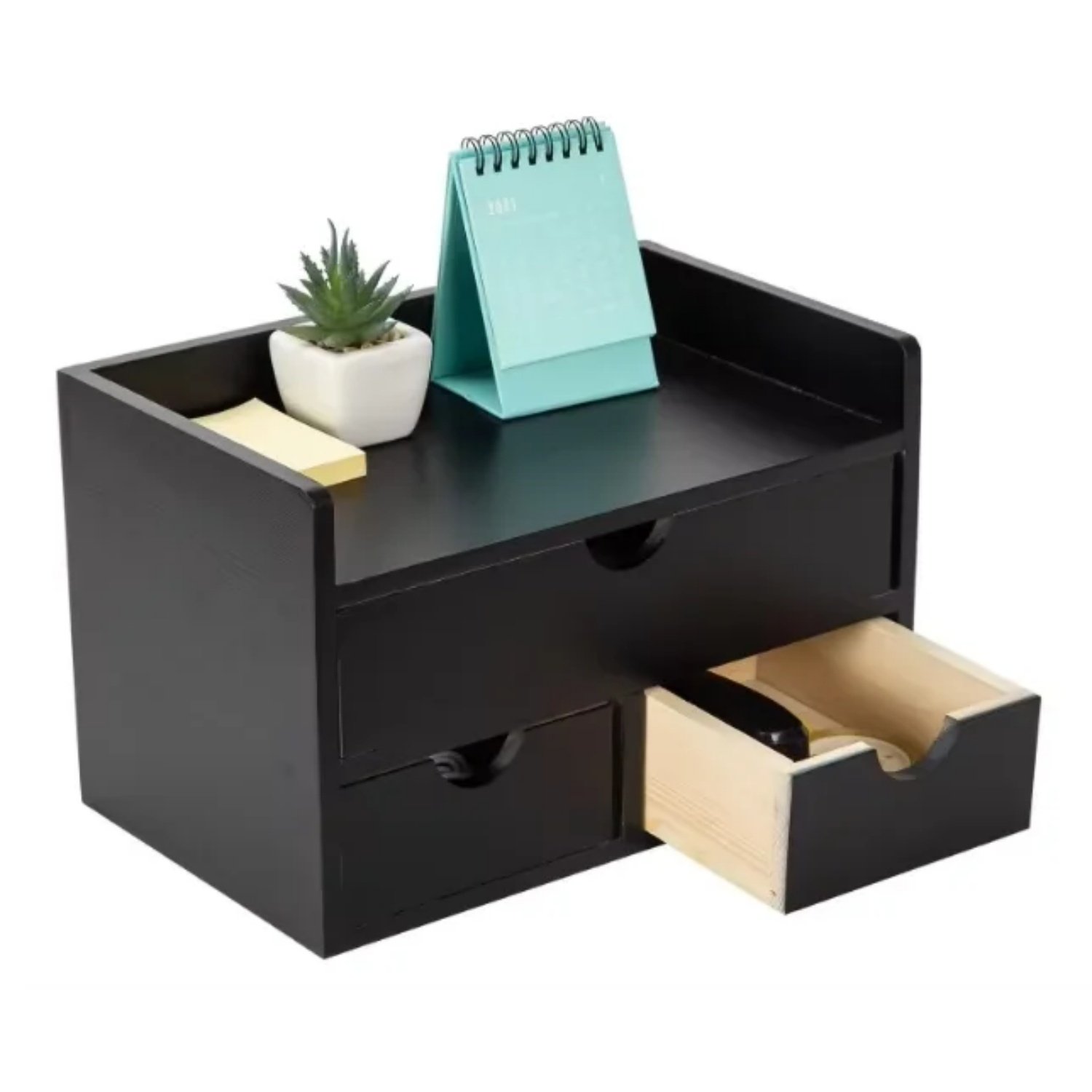 Best selling Black Bamboo Desk Organizer Wooden Storage Cabinet 3 Drawers with Shelf Tabletop Organization Box Home Office