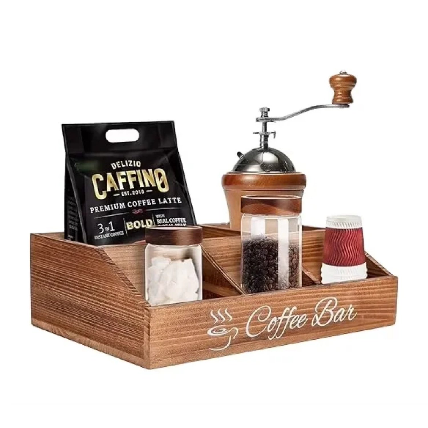 New Style Rustic Coffee Station Organizer Brown Wooden Coffee Bar Accessories Box for Counter Farmhouse Tea Condiment Holder