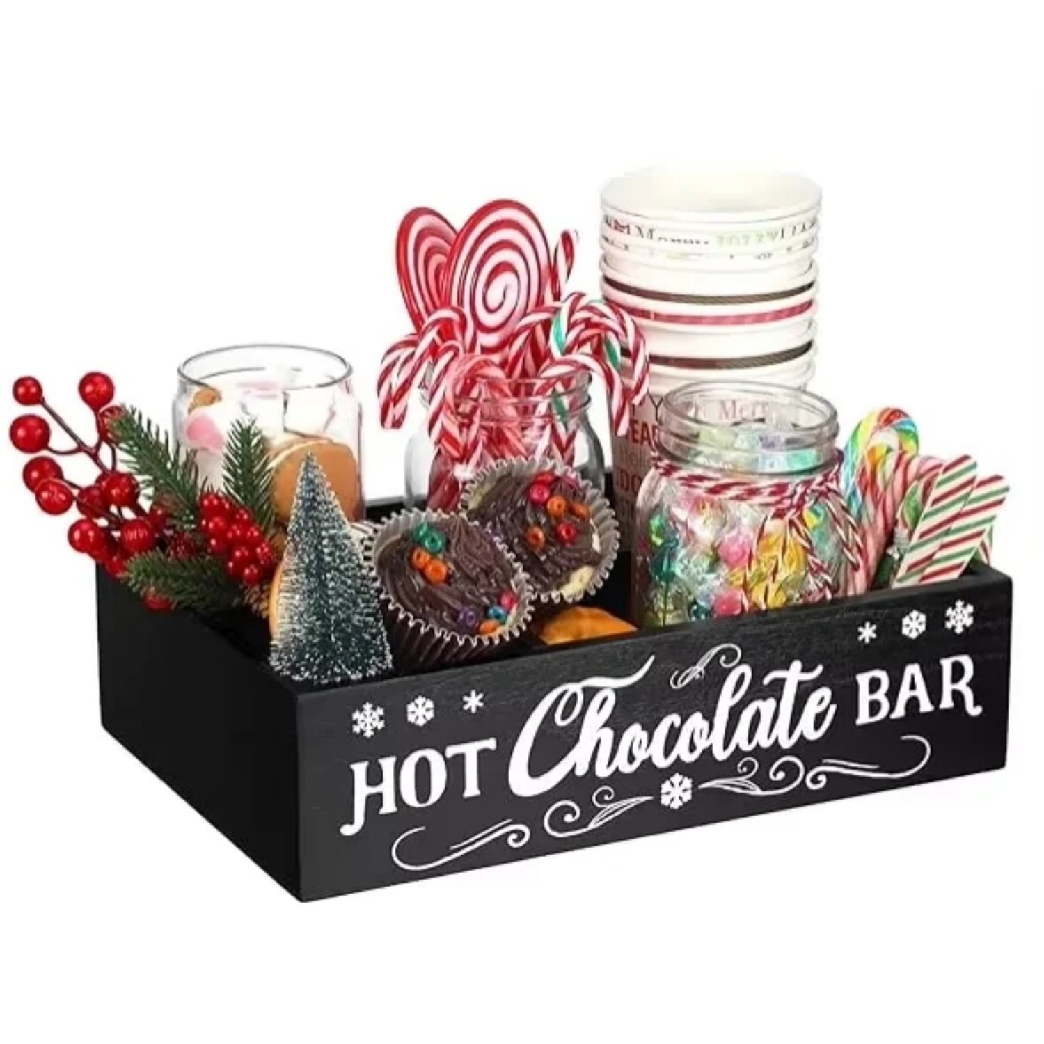 Christmas Hot Cocoa Bar Wood Station Organizer Countertop with 4 Compartment Cocoa Decorative Storage