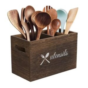 New Products 3 Compartment Wooden Kitchen Utensil Holder Organizer with 2 Adjustable Dividers Silverware Organizer