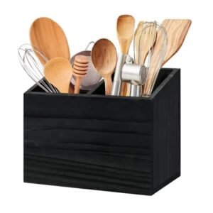 Manufacture Utensil Holder for Kitchen Counter Wood Utensil Organizer with 2 Compartments Utensil Caddy  Silverware Organizer