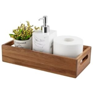 New Products Acacia Wood Bathroom Storage Basket for Organizing Toilet Paper Basket with Handle for Back of Toilet
