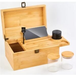 Storage Box with Movable Tray Smell Proof Jar Premium Decorative Wooden Bamboo Box Extra Large Storage Space for Accessories