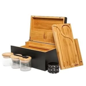 Large Stash Box Bamboo Storage Box with Rolling Tray Large Wooden Container with 2 Airtight Jars Improved Design for Herbs & Accessories