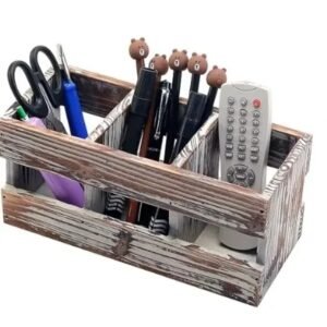 3 Compartment Torched Solid Wood Desktop Office Supplies Caddy Pen Pencil Cup Holder Desk Organizer