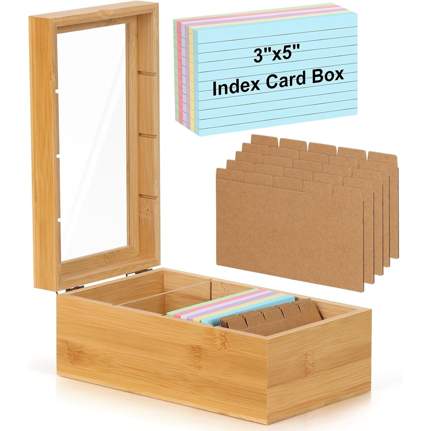 Bamboo Index Card Organizer Wood Recipe Box With Lid Card Catalog Box 4 Compartments For 1200 Cards For File Note Flash Card Holders