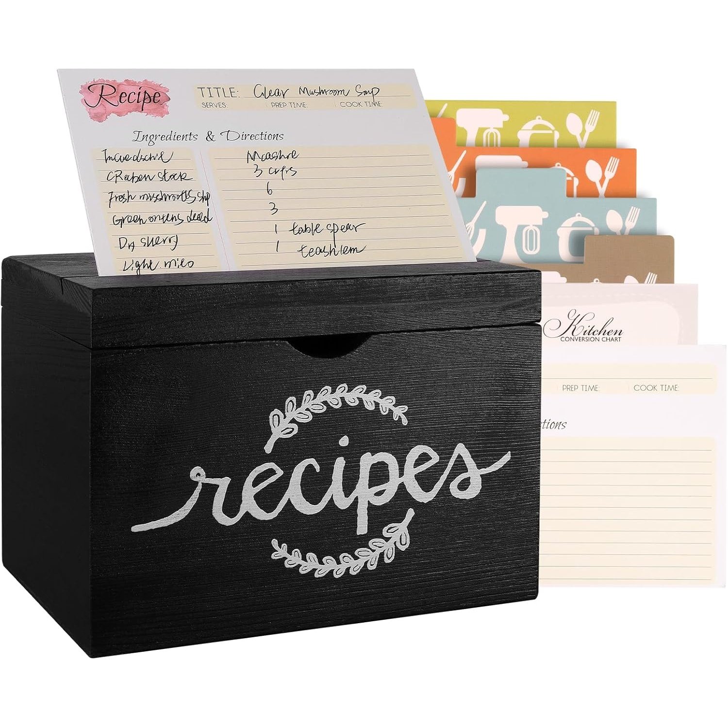 Recipe Cards and Box Set, Wood Recipe Card Box, Farmhouse Recipe Organizer for Kitchen Counter