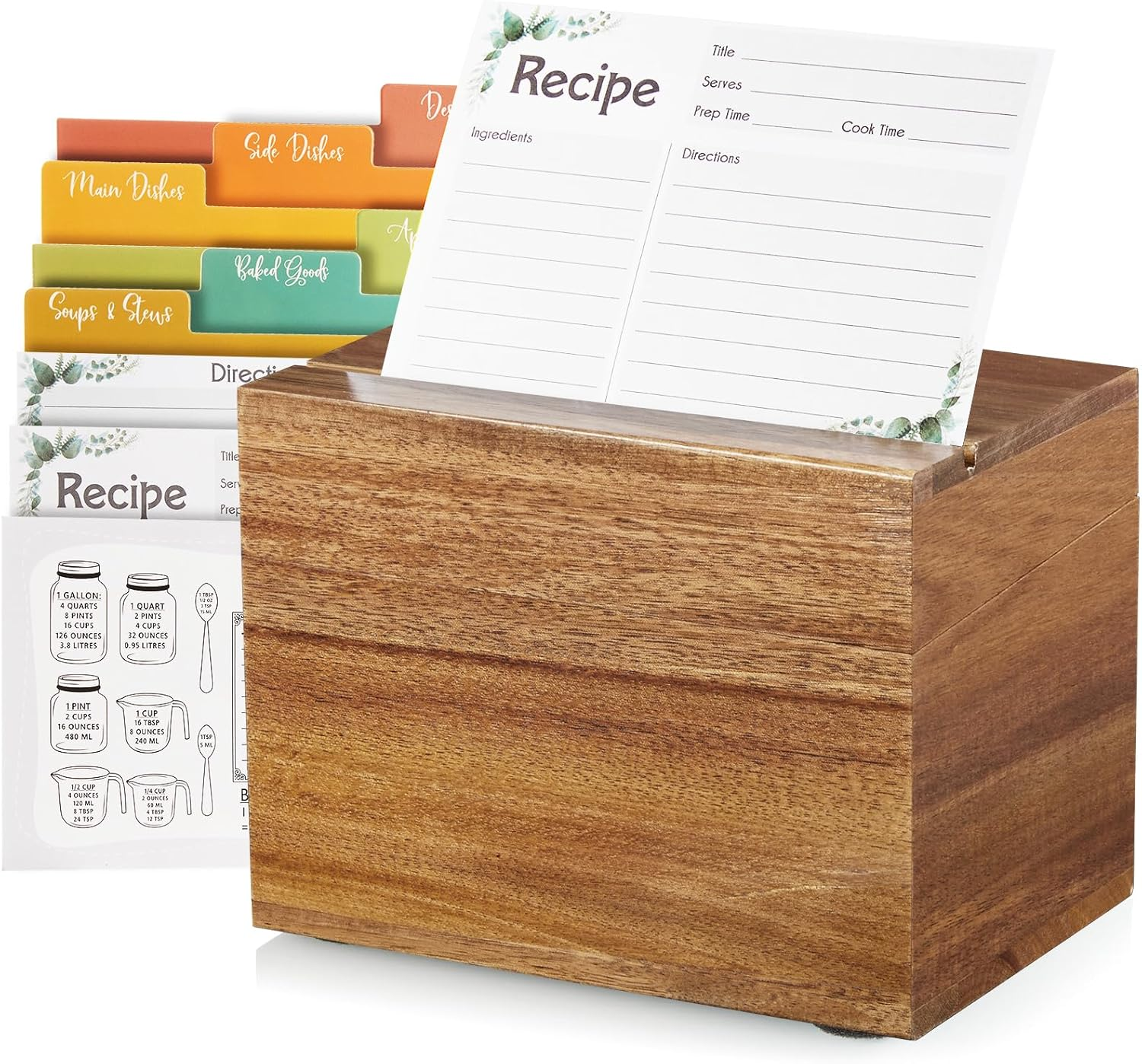 Recipe Card Box, Acacia Recipe Holder 4x6, Recipe Organizer with 50 Cards and 6 Dividers