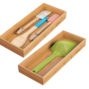 Professional Wooden Bamboo Drawer Organizer 15" Long Stackable Storage Box Tray for Kitchen Drawers