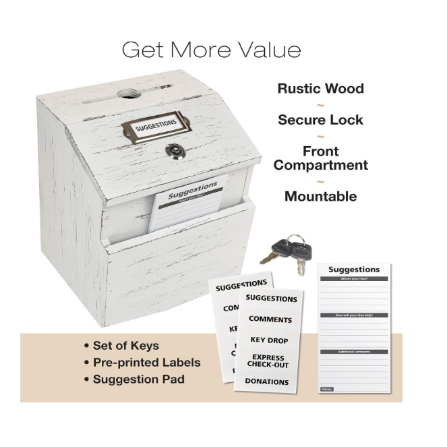Rustic White Suggestion Box with Lock: Wooden Ballot Comment Box, Wall Mounted or Freestanding