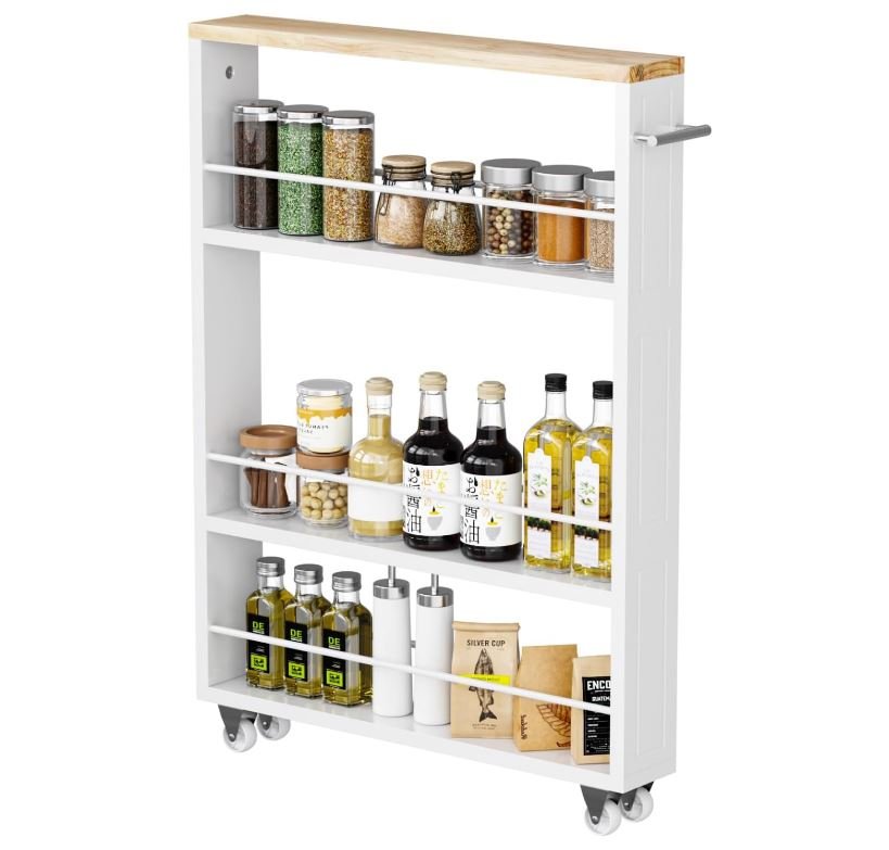 4 Tier White Slim Storage Cart with Handle, Slide Out Storage Rolling Utility Cart for Kitchen, Laundry, Narrow Places