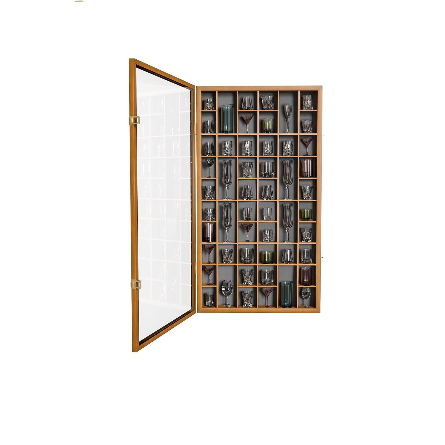 Large Capacity 52 Shot Glass Display Case Wall Mounted Solid Wood Storage Box with Removable Shelves and Lockable Door