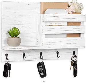 Key and Mail Holder for Wall - Mail Organizer with Decoraitve Shelf - Rustic White Wooden Wall Key Holder with 5 Metal Hooks