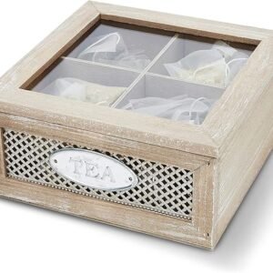 Wooden Box for Tea Bags Organizer, Cute Rustic 4-Compartment Container with Clear Lid