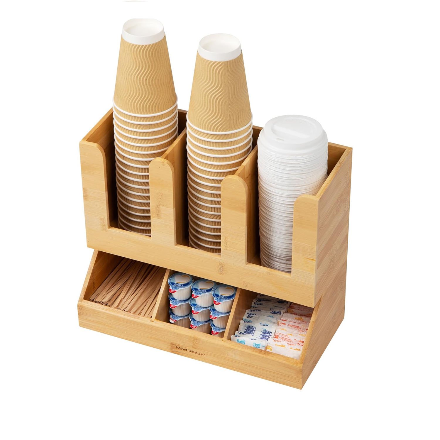 Countertop Organizer Bamboo Cup and Condiment Station for Coffee Bar Kitchen Storage Racks