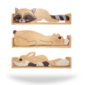 Woodland Nursery Bookshelves 3 Floating Shelves for Kids' Rooms Bear Fox and Raccoon Theme Storage Rack