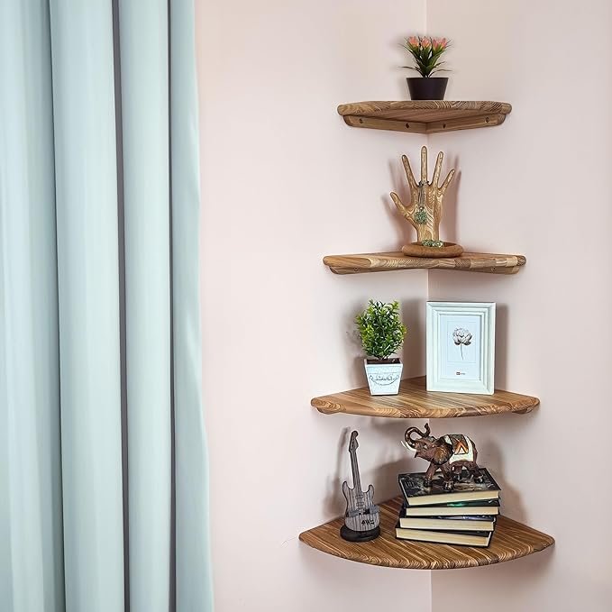 Handcrafted Corner Shelf Wall Mount Round End 11.8 in, Natural Wood Hanging Shelf for Storage and Display, Plant Shelf for Bedroom, Living Room, Bathroom, Home, Office, Natural