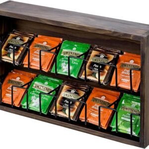 Tea Bag Organizer, Wall Mounted Deluxe Burnt Solid Wood Variety Tea Display Box with 10 Black Metal Basket Compartments